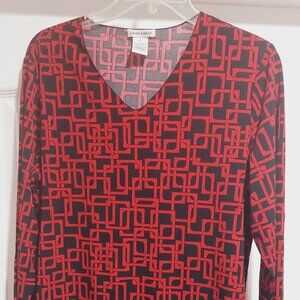Red & Black block print Lauara Ashley V-neck Sz M